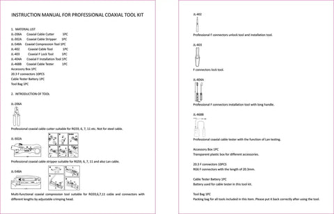Instruction manual for Adjustable Coax Cable Crimper Kit For RG6 RG59 RG11 with tool descriptions and illustrations.