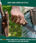 Person holding Full Tang Bushcraft Knife 9.8 Inch with leather sheath on belt, showcasing 5 inch carbon steel fixed blade