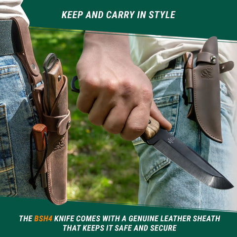 Person holding Full Tang Bushcraft Knife 9.8 Inch with leather sheath on belt, showcasing 5 inch carbon steel fixed blade