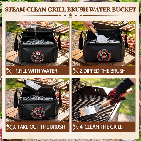 Six-Piece Bristle-Free Grill Cleaning Kit With 3 Replacement Heads, Heavy-Duty Brush, Heat-Resistant Gloves, 15L Foldable Water Bucket