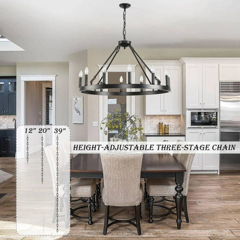 Top Tier 32 Inch Black Wagon Wheel Chandelier With 12 Lights Sleek Round Farmhouse Industrial Ceiling Light Fixture easy mount over dining table