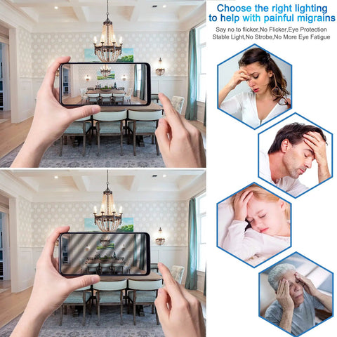 Daylight 5000K Led Candelabra Bulbs E12 Small Base 60W Equivalent 500LM Non Dimmable B11 Bulb For Chandeliers And Ceiling Fans 120V 8 Pack With High 85 Plus CRI Energy Efficient Lighting in a chandelier comparison, showing lighting impact on migraine.