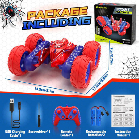 Rad Durable Remote Control Car For Kids Ages 4 To 12 360 Degree Spin RC Stunt Car with packaging and accessories display.