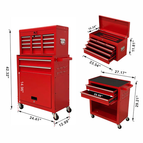 Hella Smooth Rolling 8 Drawer Tool Chest With Detachable Master Top Box And Cushioned Liners For Serious Gear Head Crew and Pro Mechanics Who Want Durable Shop Storage In Red, dimensions included.