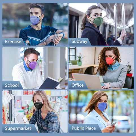 People wearing KN95 Face Masks Small Size 40 Pack With Five Layers Of Protection in various settings like subway and supermarket.