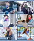 People wearing KN95 Face Mask Individually Wrapped 5 Ply Cup Style Dust Mask For Men And Women in multicolor pack of 60 in various settings.
