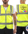 Custom Printed High Visibility Safety Vest In Vivid Yellow With Reflective Striping For Road Crews And Construction Teams Hella Bright Job Site Workwear Size X Large, front and back view with logo area.