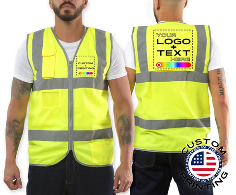 Custom Printed High Visibility Safety Vest In Vivid Yellow With Reflective Striping For Road Crews And Construction Teams Hella Bright Job Site Workwear Size X Large, front and back view with logo area.