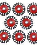 Eight Pack Four Inch Wire Wheels For Angle Grinders With Twist Knot Carbon Steel Wire Brushes arranged in a circle