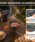 Compact 3 Piece Camping Cookware Set For 1 To 2 People With Pot Pan And Kettle In Orange Hard Anodized Aluminum on camp stove
