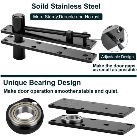 Hidden door hinge in black solid steel with 870 lb load capacity and 360° pivot.