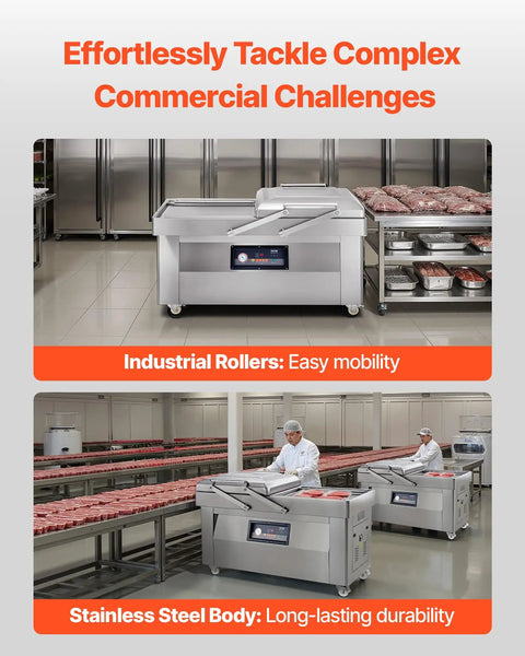 Chamber Vacuum Sealer With 1200 Watts And A Generous 23 Inch Seal Bar shown in a commercial kitchen with stainless steel design.