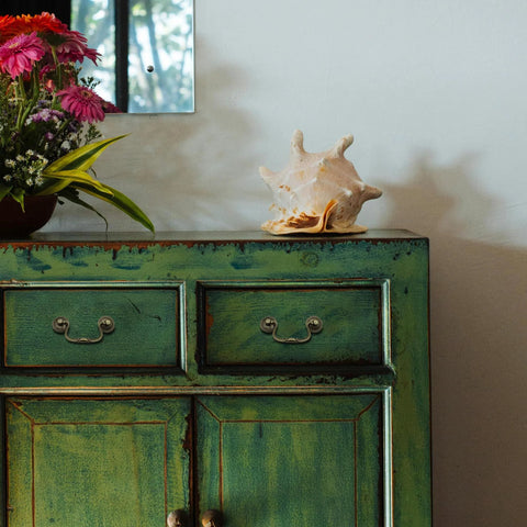 Antique Brass Cabinet Pulls Three And One Quarter Inch Center on vintage dresser, decorative handles in a classic European style.