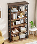 Heavy Duty Six Tier Industrial Bookshelf With Fresh X Pattern Accents 71 Inch Tall, displaying books and decor in modern home office.