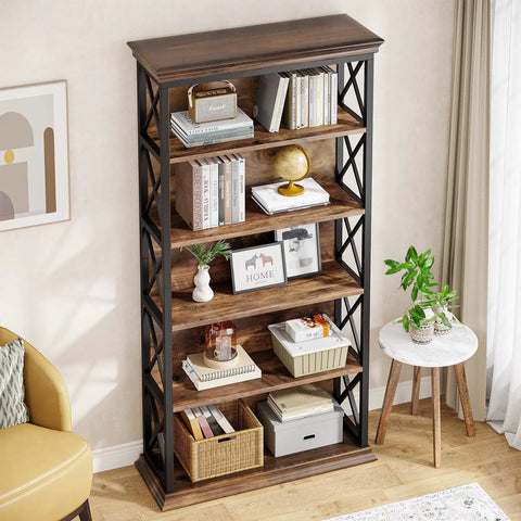 Heavy Duty Six Tier Industrial Bookshelf With Fresh X Pattern Accents 71 Inch Tall, displaying books and decor in modern home office.