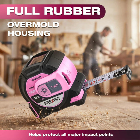 Two In One Laser Tape Measure With 215 Ft Laser Range And 16 Ft Manual Tape, Clear Laser Distance Readout On Screen, Post Datum Mode For Starting Measurements, Durable Ergonomic Grip, Pro Grade Tool For DIY Builders And Pros in pink with full rubber overmold housing