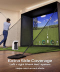 Rock Solid Golf Simulator Enclosure With 10X8 Ft HD Impact Screen And Dual Shank Nets for at-home practice with extra side coverage.