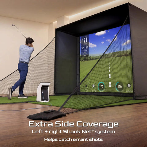 Rock Solid Golf Simulator Enclosure With 10X8 Ft HD Impact Screen And Dual Shank Nets for at-home practice with extra side coverage.