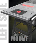 Beefy Heavy Duty Cast Iron Table Saw Router Extension Wing 27 By 16 Inches mounted on contractor saw, left side view.