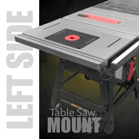 Beefy Heavy Duty Cast Iron Table Saw Router Extension Wing 27 By 16 Inches mounted on contractor saw, left side view.