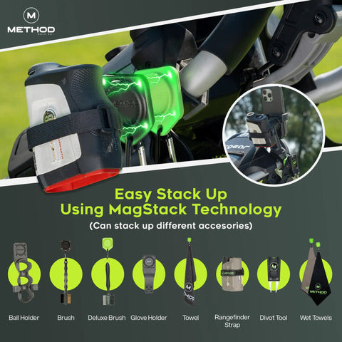 Magnetic Phone Holder For Golf Push Cart With Rangefinder Strap, MagStack Microfiber Towel, Club Brush And Tile, Universal Fit For Most Phones, All In One PushStack Pro Pack For On Course Convenience displayed on golf cart