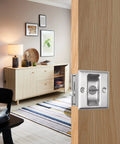Slick Brushed Nickel Pocket Sliding Door Lock And Privacy Pull Handle With Reversible Latch Hardware Kit For interior doors in a stylish modern setting.