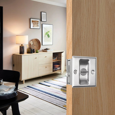 Slick Brushed Nickel Pocket Sliding Door Lock And Privacy Pull Handle With Reversible Latch Hardware Kit For interior doors in a stylish modern setting.