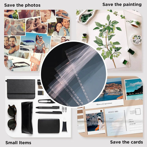 Collage showing use of Self Sealing Cellophane Bags For 8.5x11 Photo Mats with photos, paintings, small items, and cards.