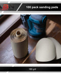 80 Grit Pro Grade Quick Change Sanding Discs Roll 6 Inch Round Aluminum Oxide Sticky Back Sandpaper With Adhesive 100 Piece Set For Drill And Sander Great For Woodworking And Metal Finishing on a wooden surface next to a power sander.