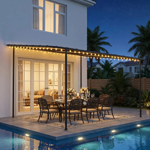 12x10 Lean-To Gazebo Pergola With Weatherproof Canopy, Wall-Mounted Galvanized Steel Frame Shelter, Sloped Roof Outdoor Awning at night