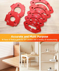 Premium 7 Piece Router Corner Radius Template Set featuring 18 precision sizes and a rock solid 3 in 1 positioning jig for flawless wood finishes, showing 7 red aluminum templates.