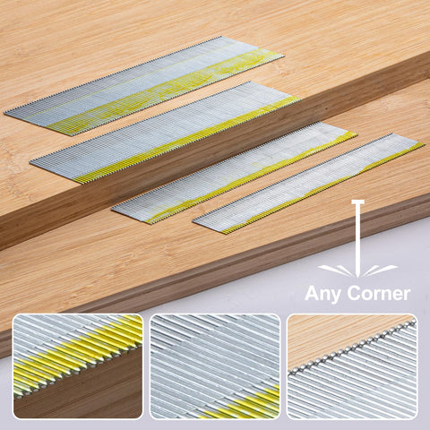15 Gauge DA Angled Finish Nails 34 Degree Multi Size Pack Galvanized 1200 Nails with close-up views and any corner usage.