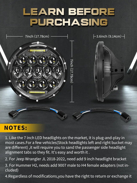 7 Inch Round LED Headlights H6024 Hi Lo Beam DRL DOT Approved Black Housing with cable connectors and dimensions