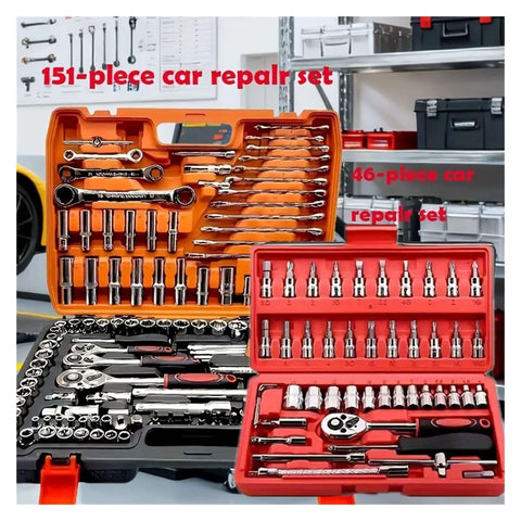 Premium 150 Piece Socket Ratchet Wrench Set With Sturdy Hanging Tray For Auto Repair And Household Fixes Badass Mechanics Gear Built Tough displayed in side-by-side comparison with a 46-piece set.