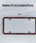 Heavy Duty Zinc Alloy License Plate Frame With Four Mounting Holes, Rust Proof And Unbreakable, Two Tone Chrome Finish With Recessed Epoxy Inlay, Includes Mounting Hardware Kit And Screw Caps, Black Red, US standard dimensions shown