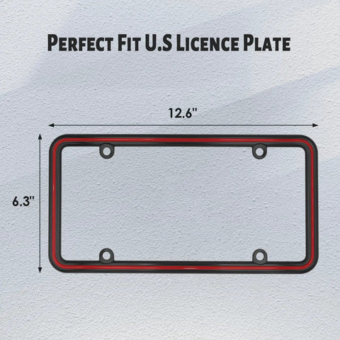 Heavy Duty Zinc Alloy License Plate Frame With Four Mounting Holes, Rust Proof And Unbreakable, Two Tone Chrome Finish With Recessed Epoxy Inlay, Includes Mounting Hardware Kit And Screw Caps, Black Red, US standard dimensions shown