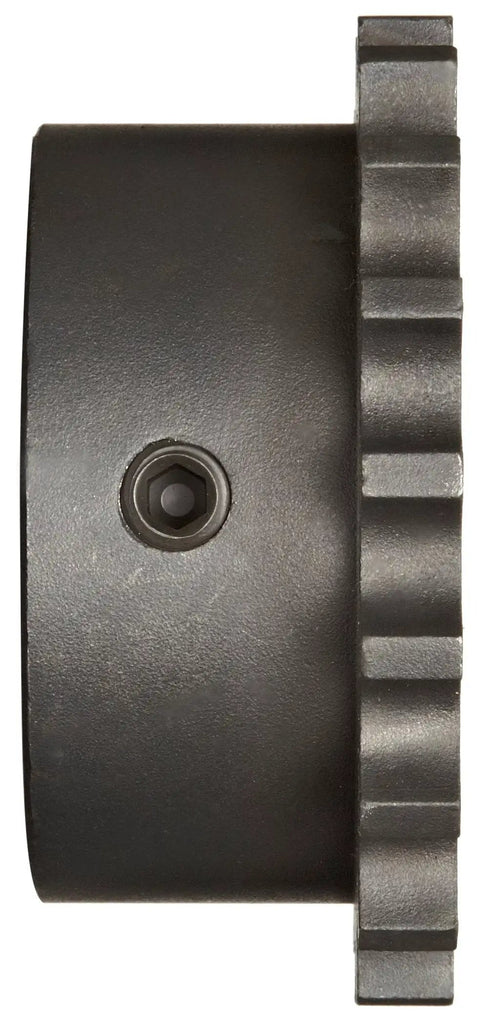 Side view of Beefy Roller Chain Coupling Half In Sintered Steel Shaft Joint One Inch Bore Diameter Three And Thirty Two Thousandths Inch One And One Eighth Inch Length Sixteen Teeth Keyway Quarter Inch By One Eighth Inch Simplex Sprocket Link Perpendicular Shafts Two.