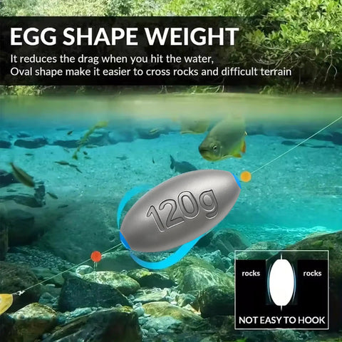 120g egg shape weight underwater for fishing, designed to cross rocks and difficult terrain, reducing drag on line.