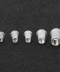 Top Shelf Rivet Nut Tool Kit With Built In Cutter And One Hundred M4 M8 Aluminum Rivnuts in assorted sizes on black background.