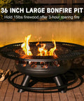 36 Inch Outdoor Fire Pit With Dual Grills And Lid, Wood Burning BBQ Pit for backyard deck showing bonfire flames at night