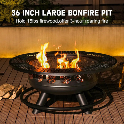 36 Inch Outdoor Fire Pit With Dual Grills And Lid, Wood Burning BBQ Pit for backyard deck showing bonfire flames at night