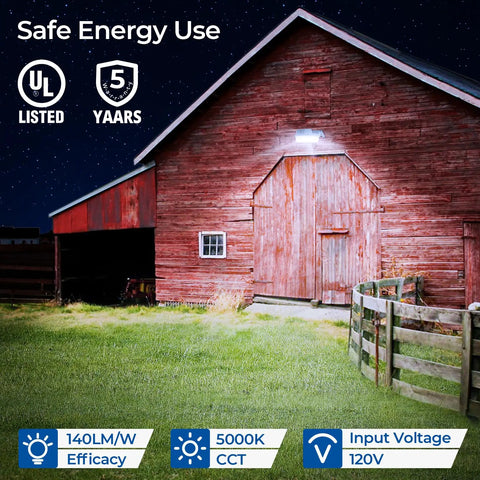 LED Barn Flood Light Dusk To Dawn 55W 6600LM Outdoor Security Light on barn wall illuminating yard at night