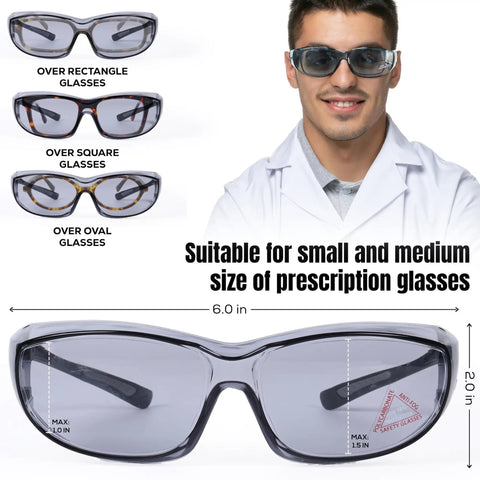 PrimeX Anti Fog Safety Glasses For Over Eyeglasses With Side Shields ANSI Z87.1 UV Protection Wraparound Design Adjustable Temples