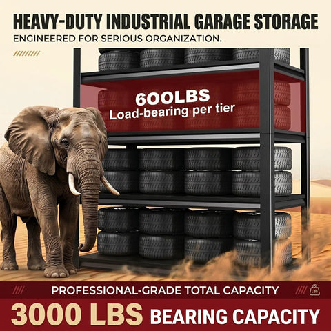 Beefy Heavy Duty Metal Garage Shelving Rack With 3000 Lbs Capacity And Anti Fall Rails 5 Tier Adjustable Storage elephant test