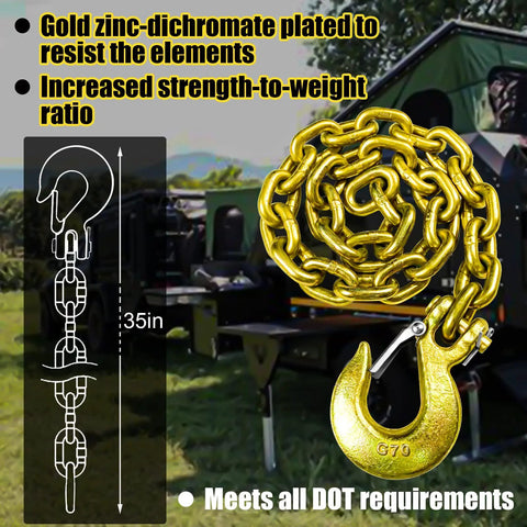 G80 Trailer Safety Chain 35 Inch Tow Chain With 3/8 Clevis Snap Hook 2-Pack Heavy Duty Chain WLL 25,000 Lbs gold plated