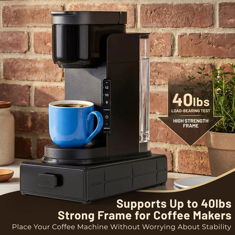 Black under-cabinet coffee pod organizer drawer for Keurig K-Cups holding coffee maker with blue mug, sturdy frame supports 40lbs