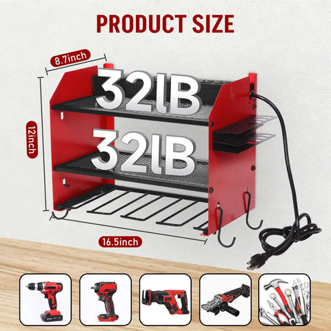Wall Mounted Power Tool Organizer With Charging Station Heavy Duty 3 Layer Tool Storage Rack featuring dimensions and tools