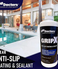 Invisible Non-Slip Coating and Sealant for Indoor Outdoor Tile Concrete Natural Stone Clear Anti-Slip Treatment in a quart bottle near pool.