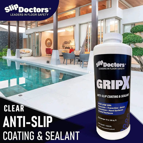 Invisible Non-Slip Coating and Sealant for Indoor Outdoor Tile Concrete Natural Stone Clear Anti-Slip Treatment in a quart bottle near pool.