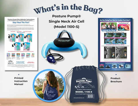Posture Pump Model 1100-S Single Air Cell Cervical Decompression Device For Neck Pain Relief And Spine Alignment with instruction manual and brochure.